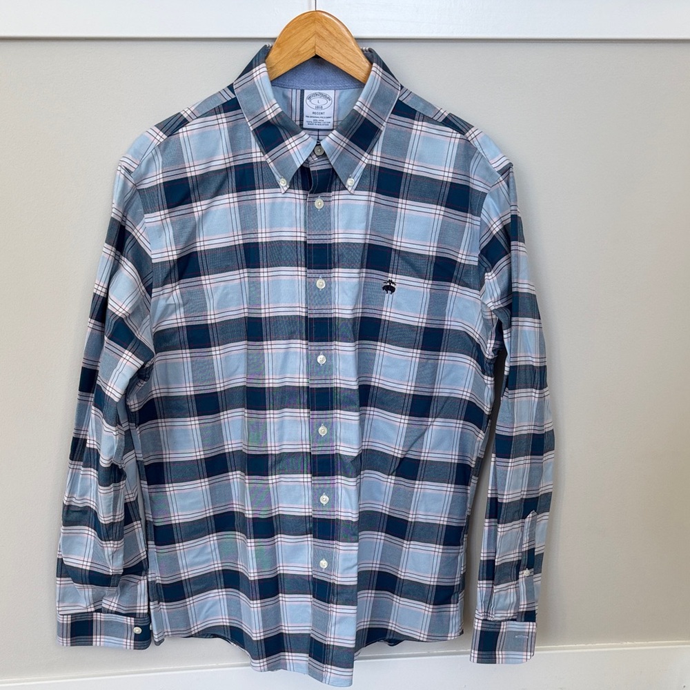 Brooks Brothers Navy and Pink Plaid Shirt
